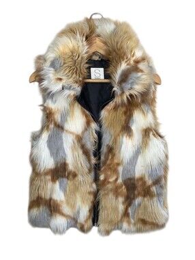 S13/NYC Faux Fox Fur Zip Front Furry Vest Brown Cream Gray